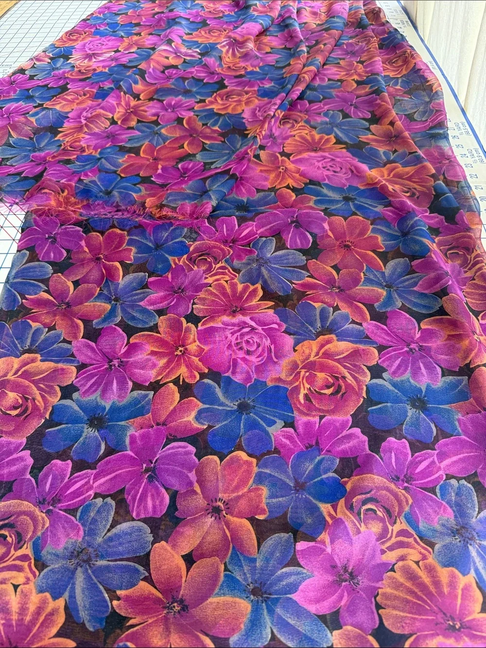 Vintage 90s Floral Chiffon Fabric 5.5 Yards Sheer Drapey Jewel Tone Floral